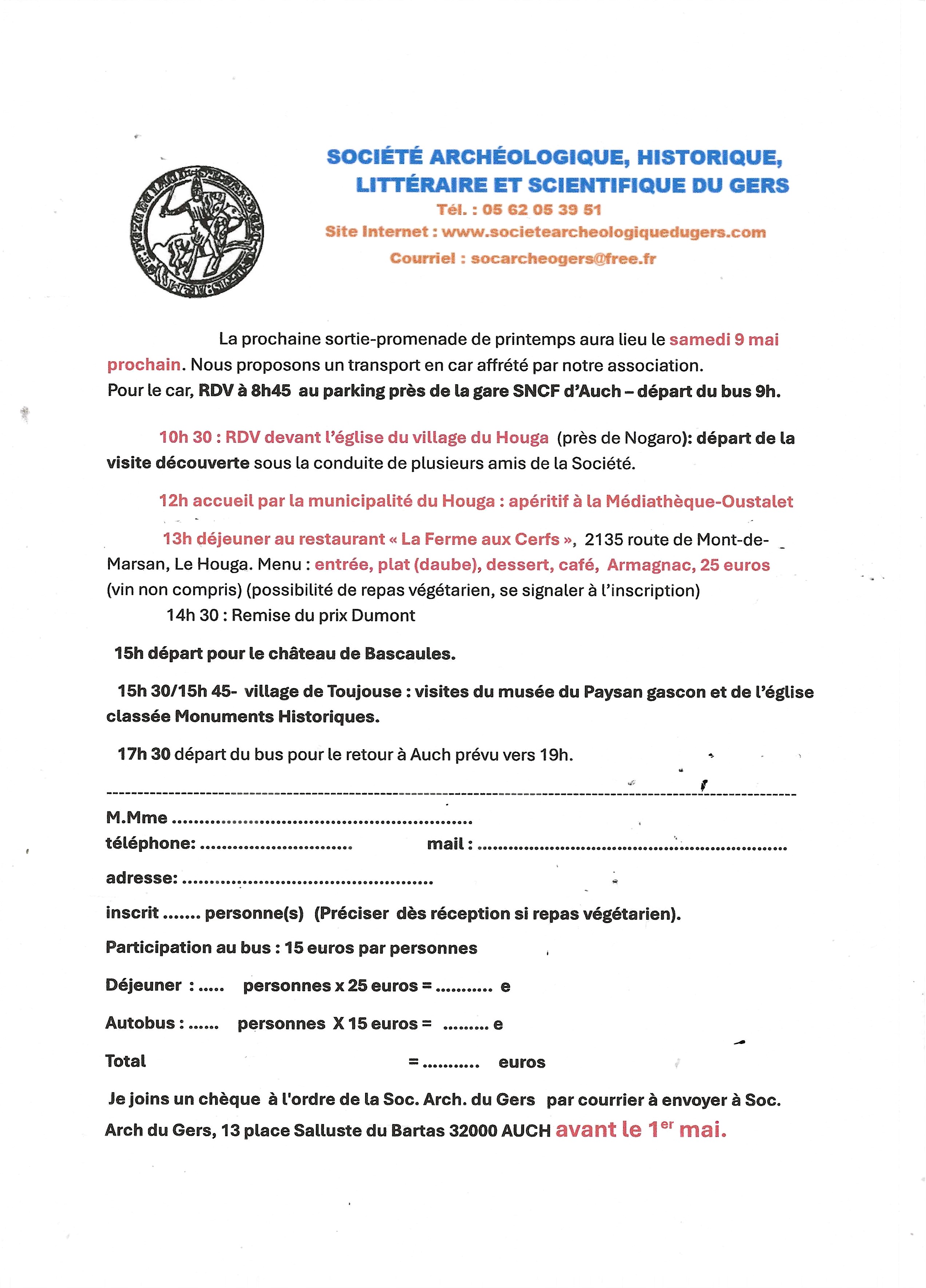 Inscription sortie du 9 mai 2026 au Houga.