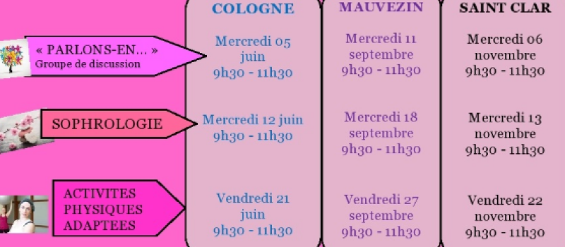 Les soins supports qui auront lieu à Cologne, Mauvezin et St-Clar