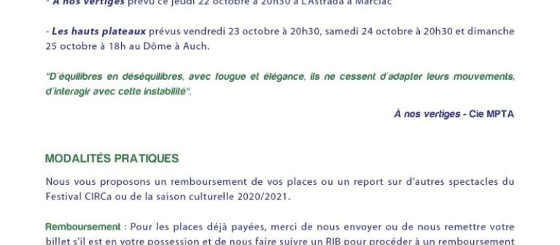 Annulation de spectacles à CIRCA par mesure de précaution sanitaire