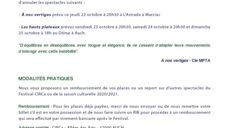 Annulation de spectacles à CIRCA par mesure de précaution sanitaire