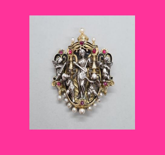 Belle broche allégorique en or figurant une joueuse de violoncelle et ses amours en argent - Travail du XIXe - Lot 14