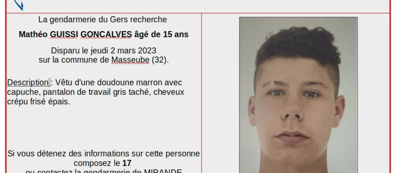 Appel à témoins des gendarmes après la fugue de Mathéo âgé de 15 ans