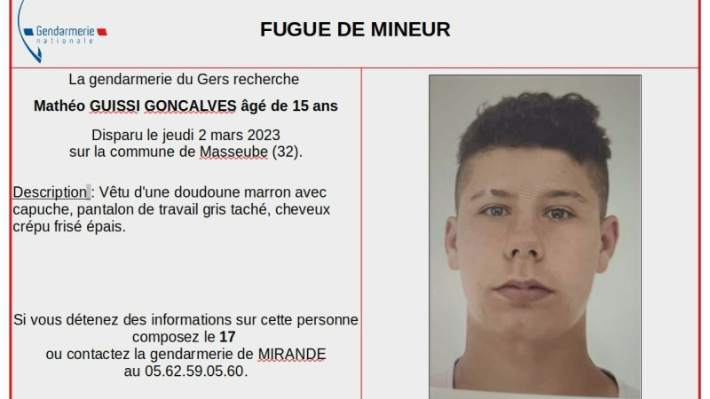 Appel à témoins des gendarmes après la fugue de Mathéo âgé de 15 ans