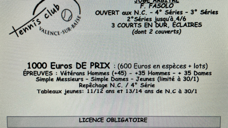 Tournoi de tennis du 21 avril au 06 mai à Valence-sur-Baïse