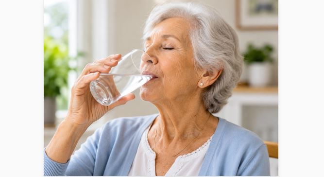 Personne âgée qui boit de l'eau.