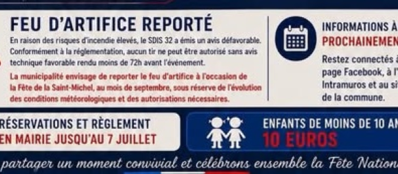 Report du feu d'artifice du 14 juillet, maintien du repas et animation